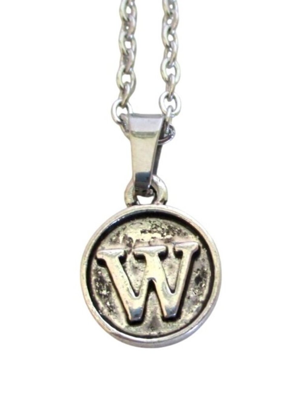 New Letter W Pendant Necklace In Antique Silver Finish On 18 Inch Stainless Chai